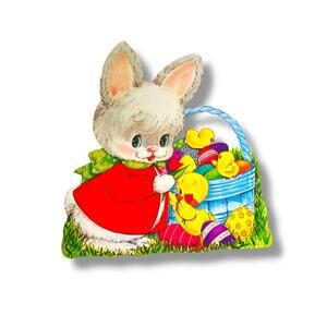 Vintage Spring Bunny Rabbit Basket Chicks 15" Cute Easter
